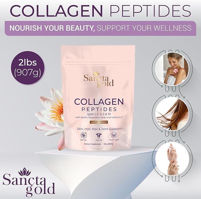Multi Collagen Peptides Powder, 2 lbs, for Skin, Hair & Nails, Type I, II, III, V, X Hydrolyzed Collagen Peptides with Hyaluronic Acid & Vitamin C, Unflavored Protein Supplement for Women