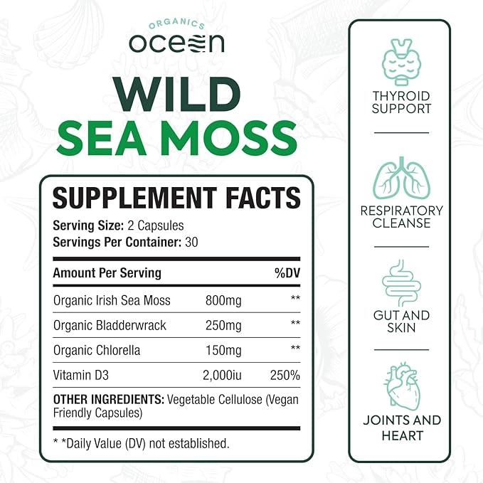 Wild Sea Moss Capsules - 100% Organic Irish Sea Moss with Organic Chlorella, Bladderwrack and Vitamin D for Energy, Lung Health and Thyroid Support for Women and Men - 60 Capsules
