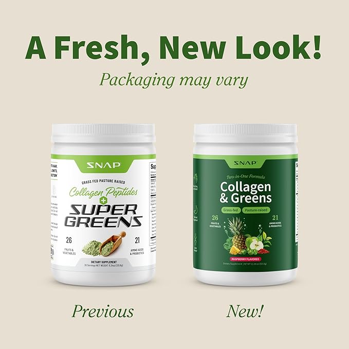 Snap Supplements Super Greens Powder with Collagen Peptides, 26 Fruits and Vegetables, Grass Fed, Non-GMO Daily Greens Superfood for Hair, Skin, Nails & Joint Support, 30 Servings