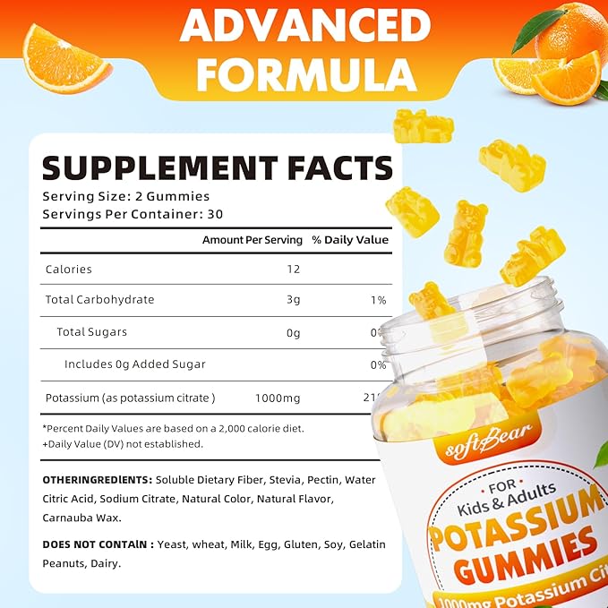 softbear Potassium Citrate 1000mg, Sugar Free Potassium Gummies for Adults Support Leg Cramps & Muscle Health High Potency Potassium Supplement Gummies Orange Flavor 120 Count
