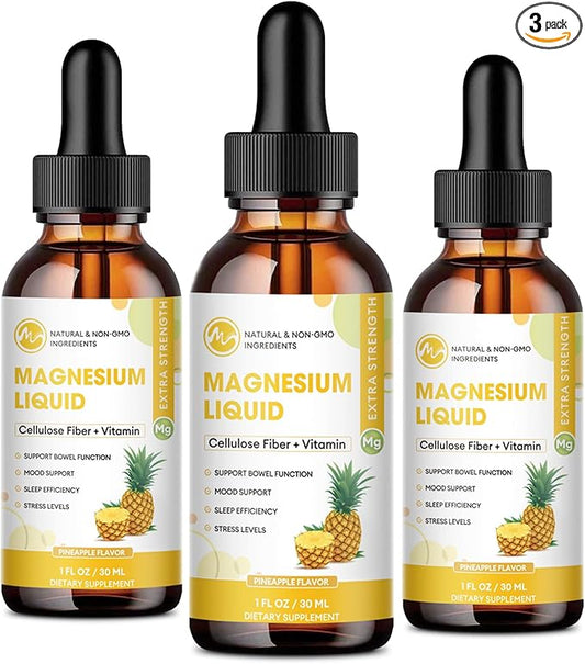 Liquid Magnesium Supplement with Cellulose Fiber, Bromelain, Vitamin B6, C, D, Zinc, Pineapple Flavor, 1 Fl Oz (Pack of 3)