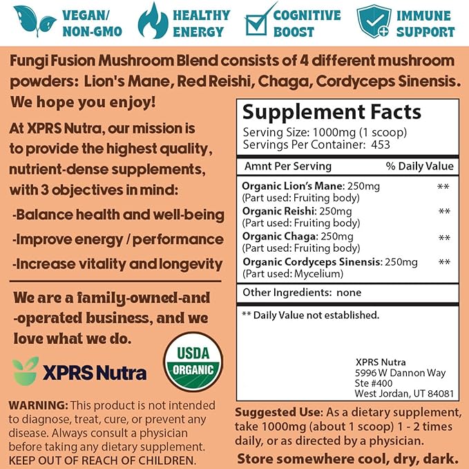 XPRS Nutra Fungi Fusion Organic Mushroom Powder Blend, Premium Blend of Lion's Mane, Reishi, Chaga, Cordyceps for Mental Clarity, Cognition, Energy and Immunity - 16 Ounce