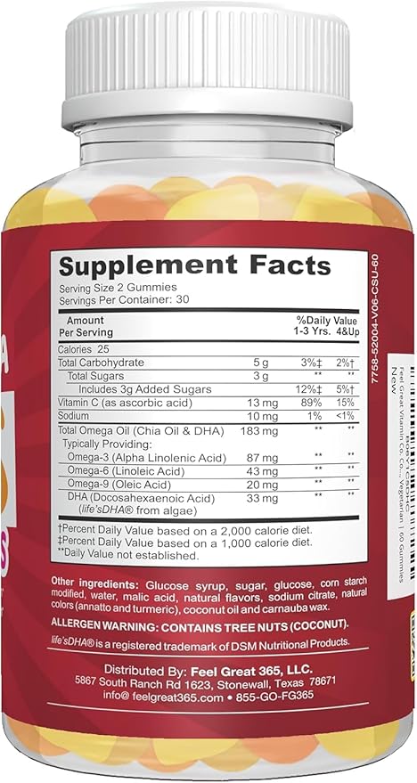 Feel Great Vitamins Kids DHA Gummies with Omega 3 6 9, Vitamin C | Supports Healthy Brain Function, Vision & Heart Health | Gluten Free, Vegetarian | 60 Gummies