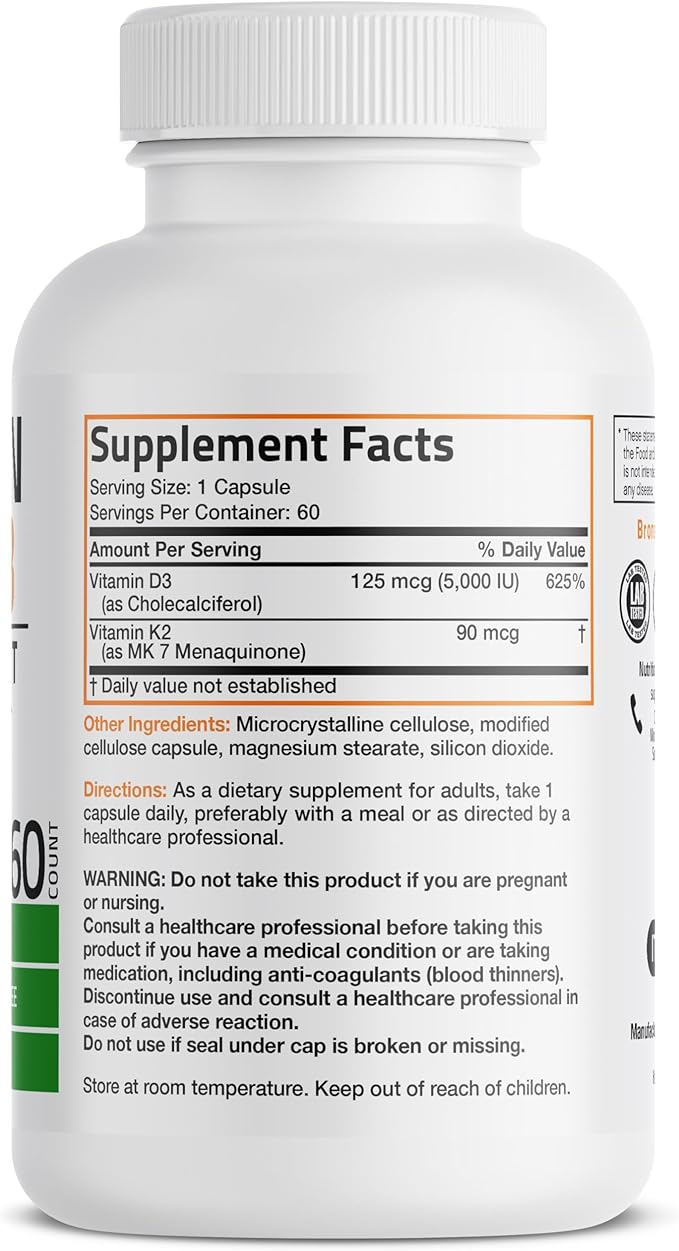 Bronson Vitamin K2 D3 (MK7) Supplement Non-GMO Formula Vitamin D3 5000IU (125 mcg) & 90 mcg K2 MK-7, Easy to Swallow D & K Complex, 60 Capsules