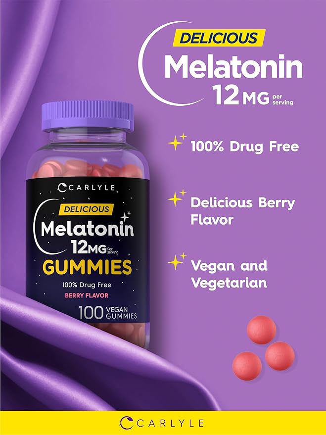 Carlyle Melatonin Gummies 12mg | 100 Count | Berry Flavor | Vegan Supplement | Non-GMO, Gluten Free