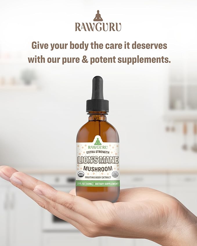 RawGuru Lion's Mane Mushroom Tincture - Vegan Lion's Mane Extract with Trace Minerals - Nano-Processed Immunity Boost & Cognitive Supplement - 120 Servings of Vegan Drops per 60 ml, Pack of 1