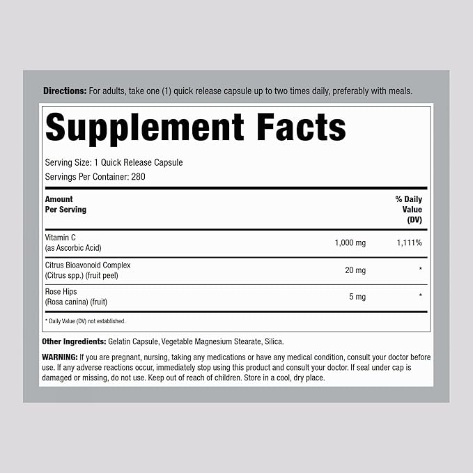 Lindberg Vitamin C 1000mg | with Bioflavonoids and Rose HIPS | 280 Capsules | Non-GMO, Gluten Free Supplement
