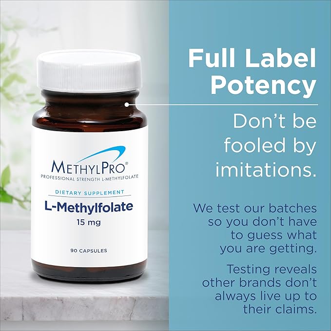 MethylPro 15mg L-Methylfolate - Professional Strength Active Methylfolate, 5-MTHF Supplement for Mood Support & Brain Health - Non-GMO + Gluten-Free with No Fillers (60 Capsules)