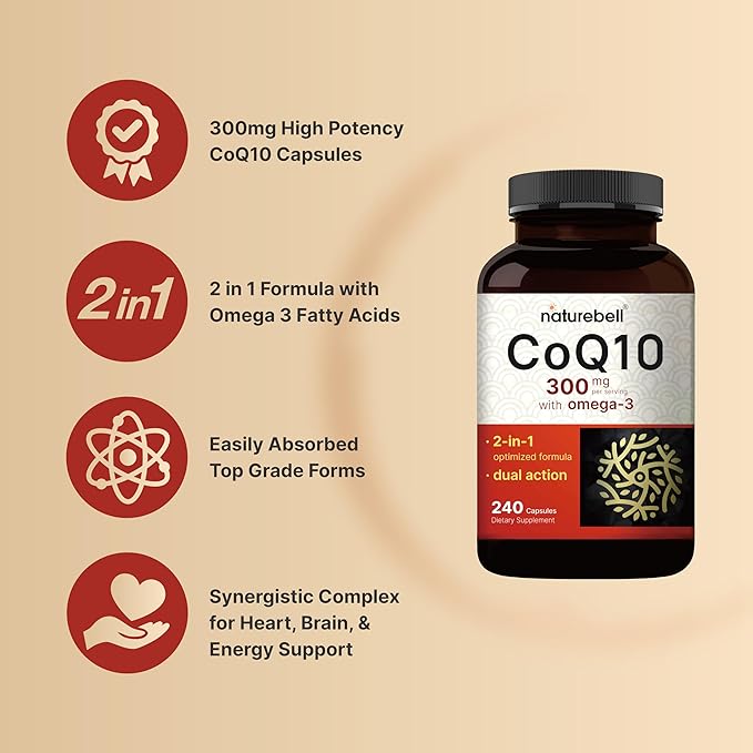 CoQ10 (Ubiquinone) 300mg with Omega 3, 240 Capsules - 120 Day Supply | Stable High Absorption Form – Antioxidant Support for Heart & Energy Health – Extra Strength Coenzyme Q10 Supplement
