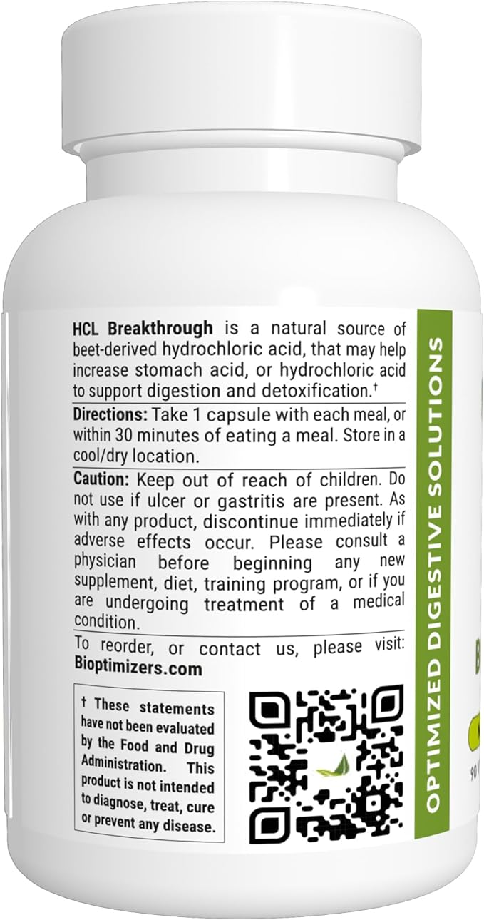 BIOptimizers HCL Breakthrough - Betaine Hydrochloride Enzymes Supplement - Assists with Protein Breakdown and Absorption - Helps Gas and Heartburn Relief - 90 Pepsin-Free Capsules