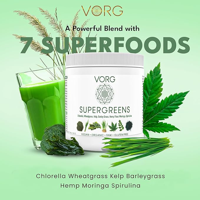 VORG SuperGreens – Organic Green Superfood Powder | Chlorella, Barley Grass, Moringa, Spirulina, Wheatgrass | Probiotics, Digestive Enzymes & Fiber for Energy, Detox & Gut Health (5.92)