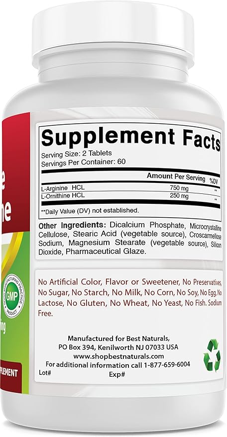 Best Naturals L-Arginine L-Ornithine - 1000mg per Serving - 120 Tablets - Non-GMO & Gluten Free (120 Count (Pack of 1))