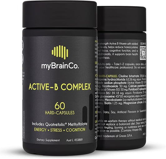 myBrainCo Active-B Complex Supplement - High Strength Activated Vitamin B Complex - Potent B2, B6, B12 Vitamins and Methyl-Folate Supplement to Support Cellular Energy and Cognition (60 Vege-Capsules)