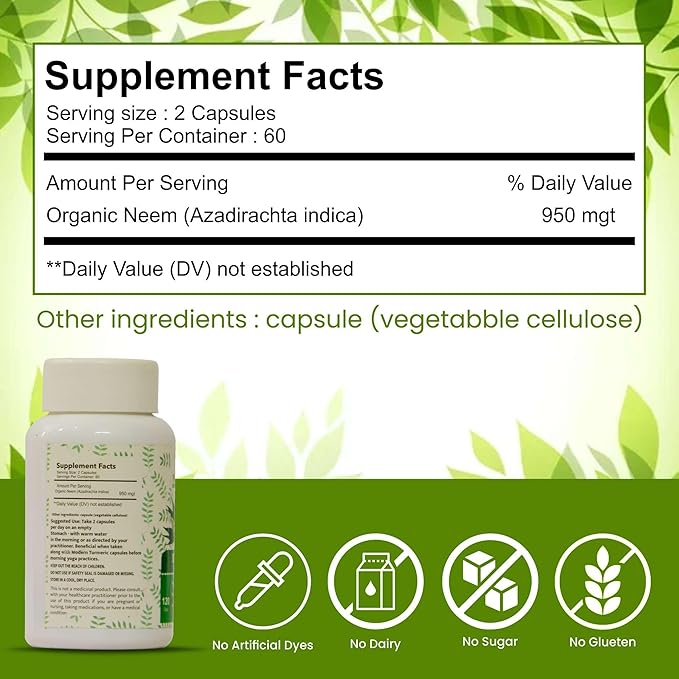 Modern Ayurvedic Center Organic Neem 120 Capsules Supports Acne Control, Antioxidant Protection, Healthy & Glowing Skin Pure Neem (Azadirachta Indica) Supplement for Natural Wellness