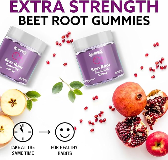 Droppels Beet Root Gummies with Beetroot Powder 500mg, Grape Seed Extract 300mg, Vitamin B12 & Niacin | Vegan, Pectin-Based & Non-GMO Beetroot Supplement, Apple Pomegranate Flavor, 60 Count