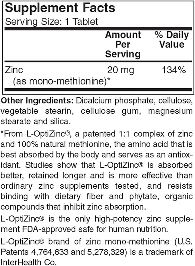 Zinc 20 MG, 250 Tablets