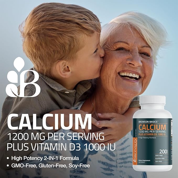 Bronson Calcium 1200mg Per Serving Plus Vitamin D3 1000 IU High Potency Formula, Non-GMO, 120 Tablets