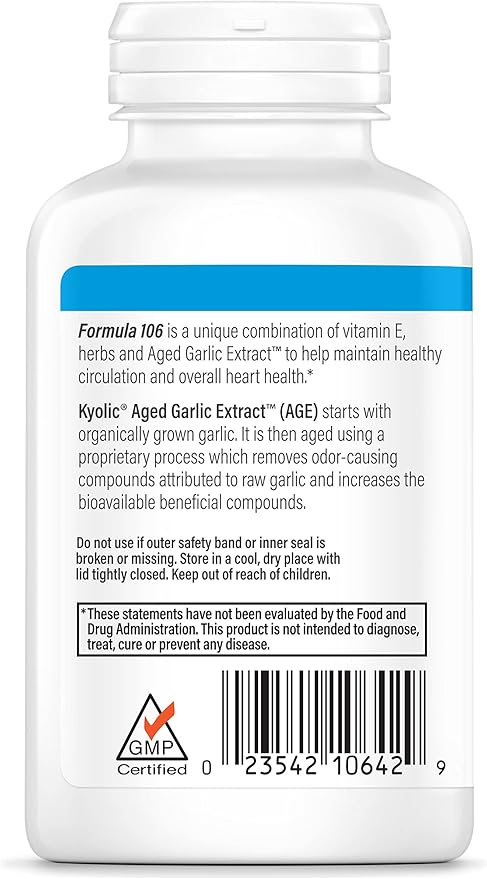 Kyolic Aged Garlic Extract Formula 106, Circulation Health, 200 Capsules (Packaging May Vary)