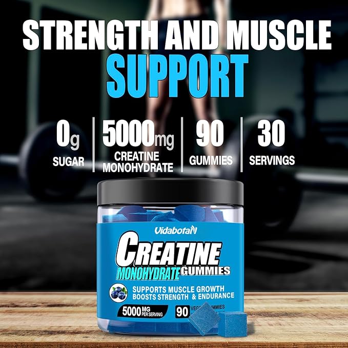 Sugar Free Creatine Monohydrate Gummies for Men & Women-5g of Creatine Monohydrate per Serving for Muscle Mass,Vegan,Blueberry Flavor, 90 Count