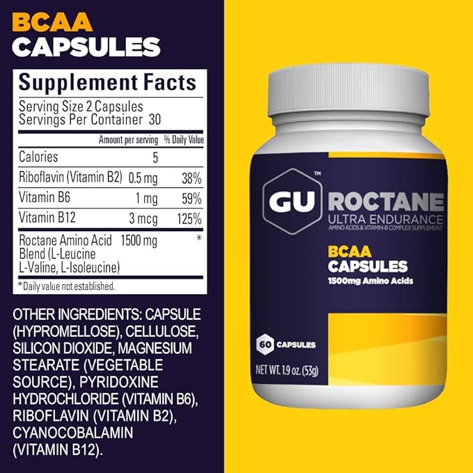 GU Energy Roctane Ultra Endurance Branch Chain Amino Acid and Vitamin B Exercise Recovery Capsules,Informed Choice, Energy for Before, During or After Any Workout, 60-Count Bottle