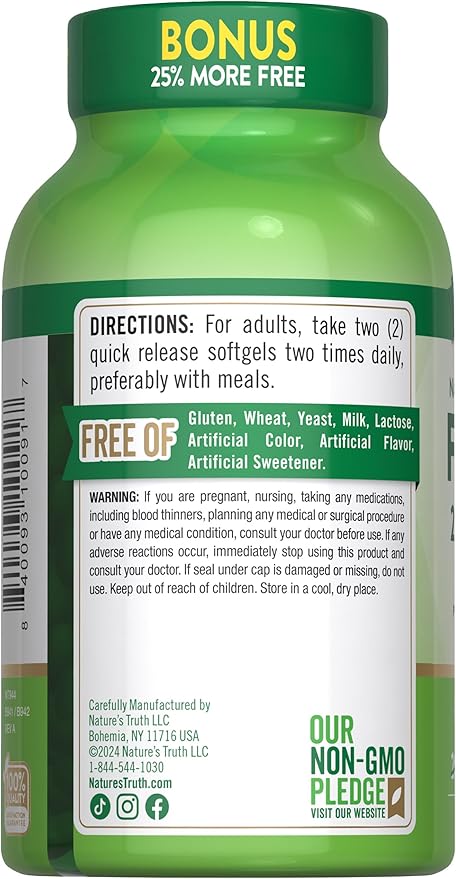 Nature's Truth Burpless Fish Oil 2400mg | 250 Softgels | 720 mg Omega 3 | Natural Lemon Flavor Pills | Non-GMO & Gluten Free Supplement