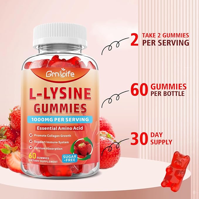 2 Pack L-Lysine 1000mg Gummies, Chewable Lysine Supplement for Adults & Kids, Essential Amino Acid Supplement for Immune Support, Collagen Formation Support, Strawberry, 120 Count