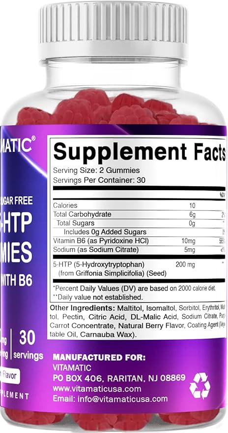 Vitamatic Sugar Free 5-HTP 200mg Gummies with B6 – 60 Pectin-Based Gummies – Mood Support & Stress Relief