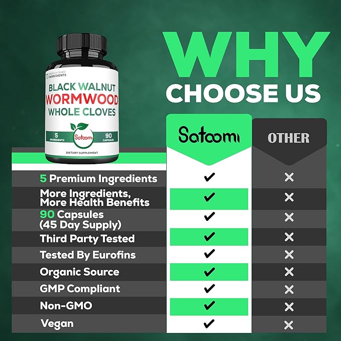 Satoomi 5 in 1 Wormwood Capsules Supplement - with Black Walnut Cloves Turmeric and Berberine HCl - 90 Capsules - Immune System & Digestion Health