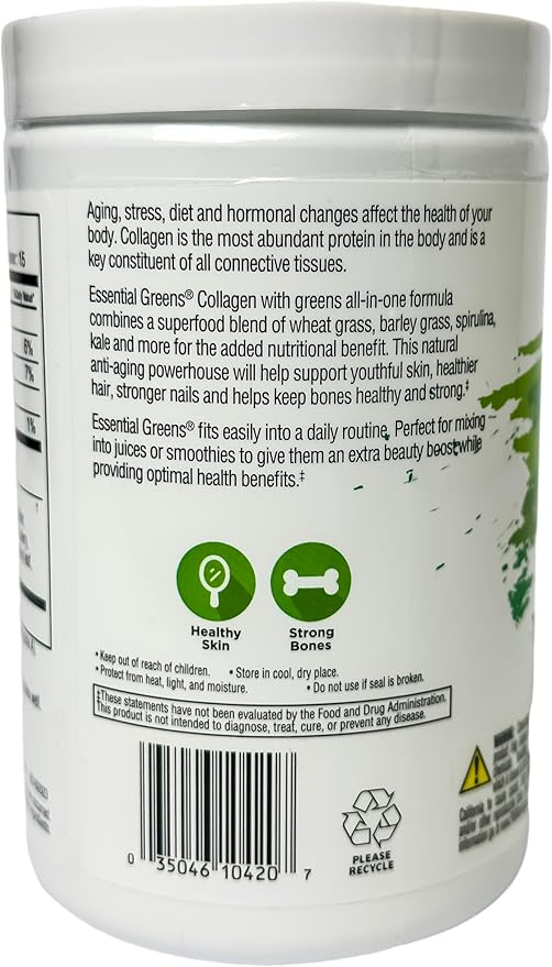 Collagen with Organic Beauty Greens with Type I & Type III Peptides. Natural Flavors. Dietary Supplement. Wheat Grass, Barley, Spiraling, Kale, Alfalfa & More. 10.6 oz