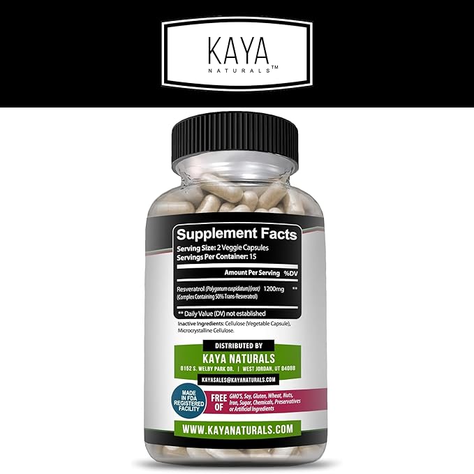 Kaya Naturals - Resveratrol Capsules - Anti Aging Supplement - Antioxidants with Brain Support - Maximum Benefits - 30 Veggies Capsules