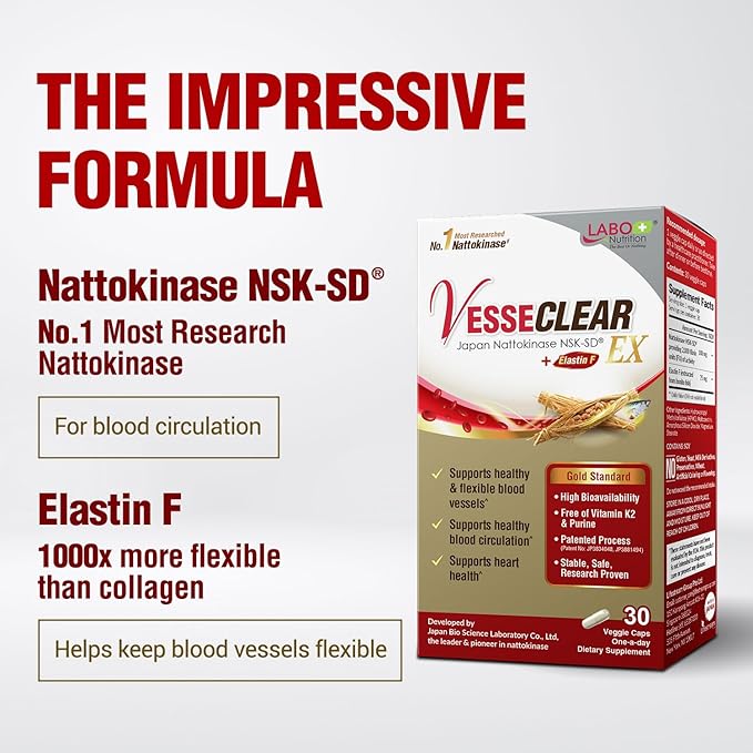 LABO Nutrition VesseCLEAR EX: Nattokinase NSK-SD+Elastin F for Clean & Flexible Blood Vessel. Japan's Most Clinically Studied, Functional Dose, Acid-Resistant/Delayed Release Capsules, 90 Count