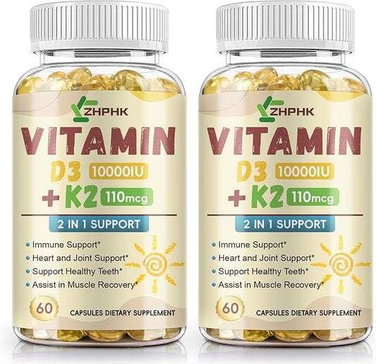 Vitamin K2 D3 Supplements 10,000iu, Vitamin K2 (20mcg MK-4 & 90mcg MK-7), Vitamin D3 for Optimal Calcium Absorption Support Immune, Heart, Joint, Teeth & Bone Health, Gluten Free, 120 Softgels