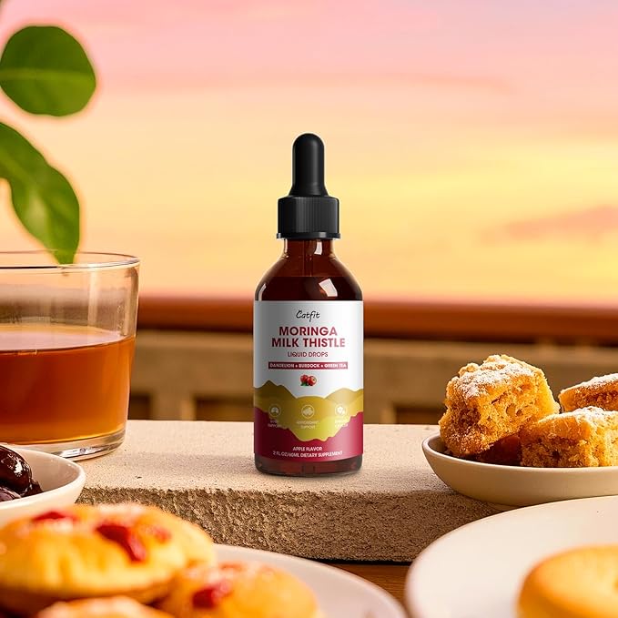 Moringa Milk Thistle Liquid Drops - Liver Health, Immune Support, Antioxidant Blend with Burdock, Green Tea & Dandelion - Moringa Capsules Alternative - Vegan, Apple Flavor,2 Fl Oz