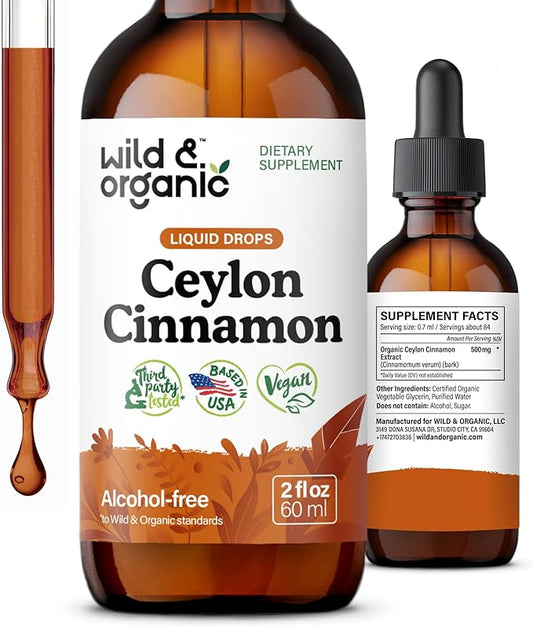 Wild & Organic Ceylon Cinnamon Extract Liquid Drops 500mg - Liquid Cinnamon Supplements for Overall Support - Cinnamomum Verum Bark Tincture - Vegan, Sugar & Alcohol-Free, Non-GMO - 2 fl oz