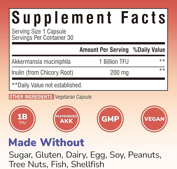 Akkermansia Muciniphila Probiotic 1 Billion TFU, w/Natural Prebiotic Inulin, Naturally Increases GLP-1, Healthy Digestion & Metabolism, Probiotic Supplement for Women & Men, 30 Capsules
