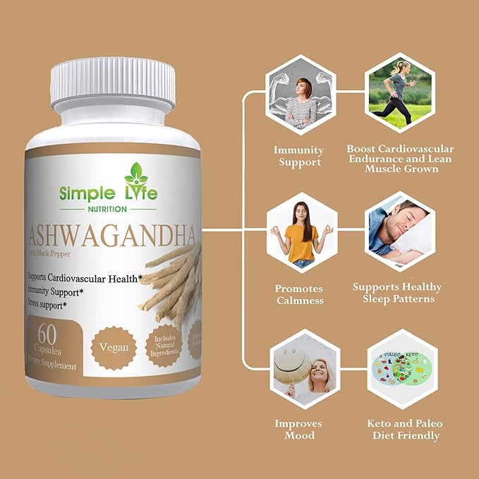 Organic Ashwagandha - Max Strength 1300MG Vegan Capsules - 100% Pure Non GMO Root Powder with Natural Black Pepper 60CT