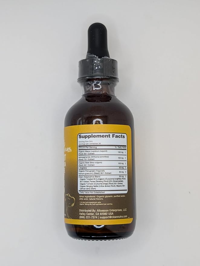 Clean Nutra Organic Maca Root Liquid Drops with Ashwagandha, Fenugreek, Beet Root and L-Arginine Liquid Multivitamin for Women and Men - Adapto Drive