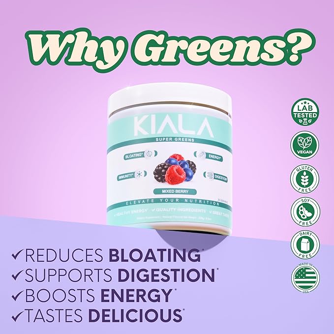 Kiala Nutrition Super Greens, Organic Greens Powder with Spirulina & Chlorella for Digestion, Gut Health, Immunity & Energy, Gluten Free, Vegan, Mixed Berry + Miami Vice, 30 Servings