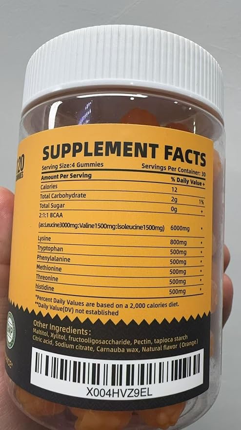 EAA Gummies 120 Gummies (Orange), Essential Amino Acids - All 9 Essential Aminos (EAA) and All Branched-Chain Aminos (BCAAs), Non-GMO, Gluten Free, Vegetarian Friendly