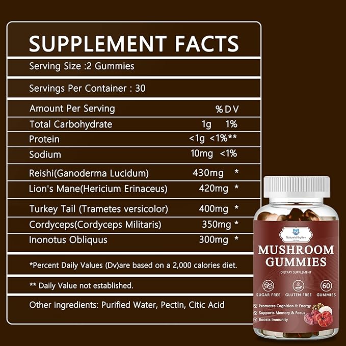 Organic Mushroom Gummies with Mane Mushroom, Reishi, Cordyceps, Lion's Mane Mushroom Gummies for Adults Brain Booster, Immune Support, Energy-60 Units