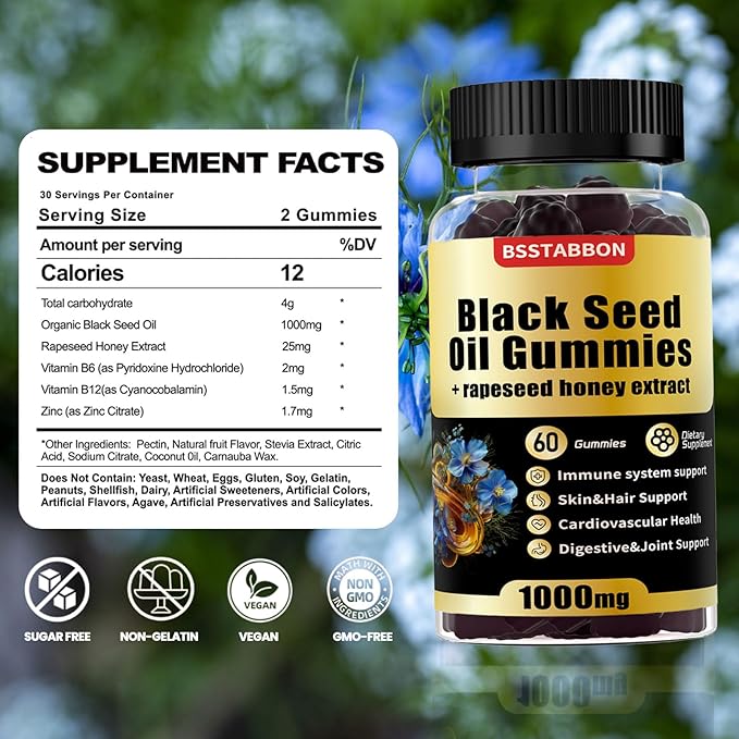 Black Seed Oil Gummies with 1000mg Organic Black Seed Oil, 25mg rapeseed Honey Extract,Vitamin B6,B12 and zinc for Immune System Support (60 Gummies) (60 Count)