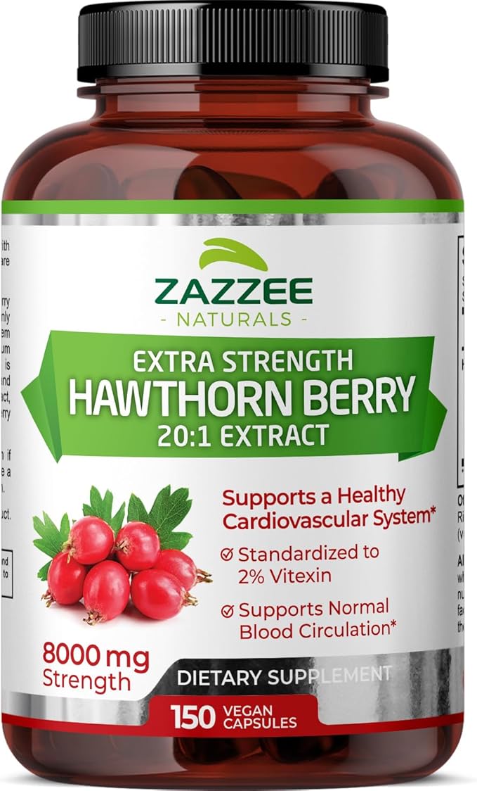 Zazzee Extra Strength Hawthorn Berry 20:1 Extract, 8000 mg Strength, 2% Vitexin, 150 Vegan Capsules, 5 Month Supply, Concentrated and Standardized Potent 20X Extract, Non-GMO and All-Natural