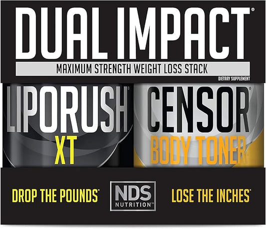 NDS Nutrition Maximum Strength Dual Impact Stack - Complete 2-in-1 Fat Loss Stack Enhanced with Teacrine, L-Carnitine, CLA for Serious Results - Censor 90 Softgels XT 60 Capsules