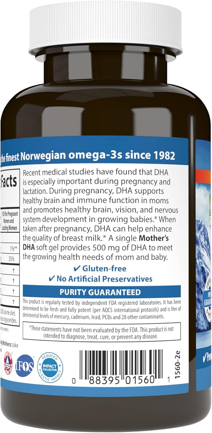 Carlson - Mother's DHA, 500 mg DHA, Prenatal Support, Fetal Development & Immune Health, 60 Softgels