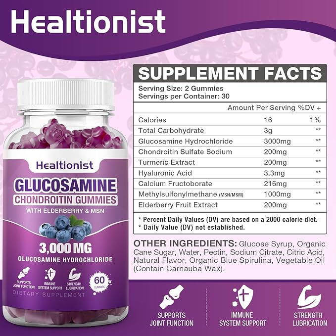 2 Packs 3000mg Glucosamine Chondroitin Gummies with MSM & Elderberry - Extra Strength Joint Health, Flexibility, Antioxidant Immune Support Supplement Gummy for Adults, Men & Women 120 Cts