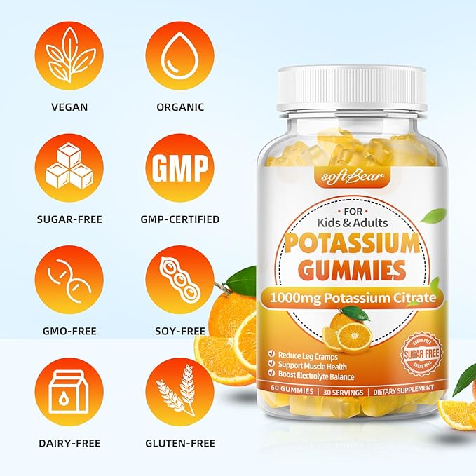 softbear Potassium Citrate 1000mg, Sugar Free Potassium Gummies for Adults Support Leg Cramps & Muscle Health High Potency Potassium Supplement Gummies Orange Flavor 120 Count