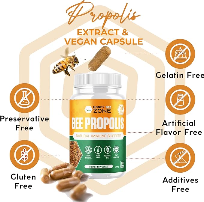 Bee Propolis Capsules – 100% Natural Energy and Immune Support Supplement | Non-GMO, Gluten-Free, 60 Easy-to-Swallow Veggie Capsules