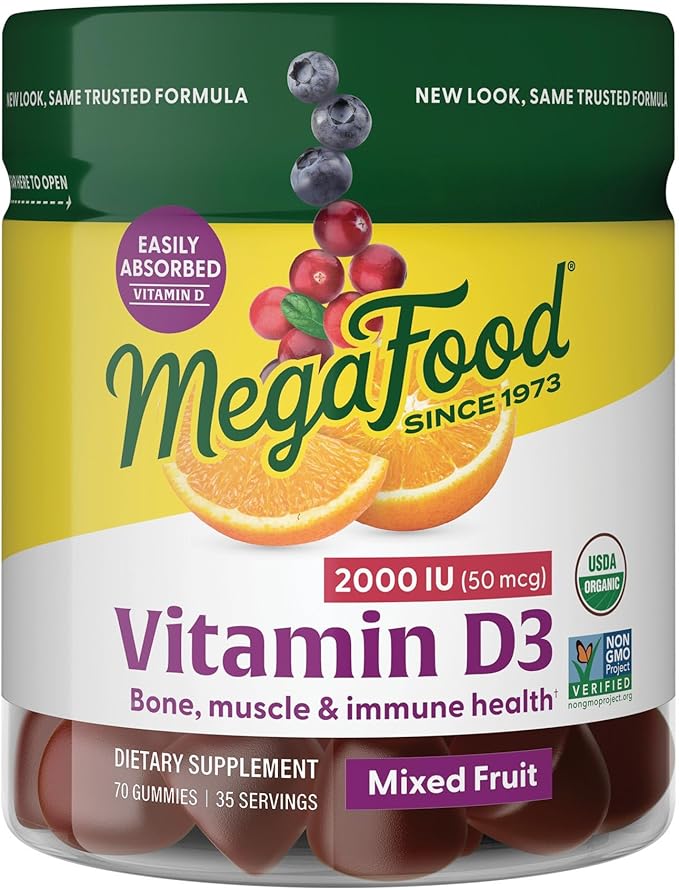 MegaFood Vitamin D3 Gummies 2000 IU (50 mcg) - Vitamin D Gummies Mixed Fruit Flavor, Bone, Muscle & Immune Support Supplement, Vegetarian, Gluten-Free, USDA Organic – 70 Gummies, 35 Servings