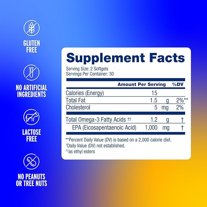Oceanblue Essentials Mood Food Omega 3 - Triple Strength Burpless Fish Oil - High Potency 1000 MG EPA for Mood & Heart Support - Mini Softgels - Non-GMO - 60ct -1 Month Supply