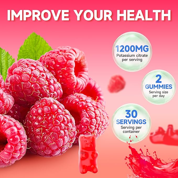 2 Pack Potassium Citrate Gummies, High Potassium Supplement Gummies 1200mg Support Leg Cramps & Muscle Health, Potassium Gummies for Adults & Kids, Vegan, Raspberry Flavor 120 Count